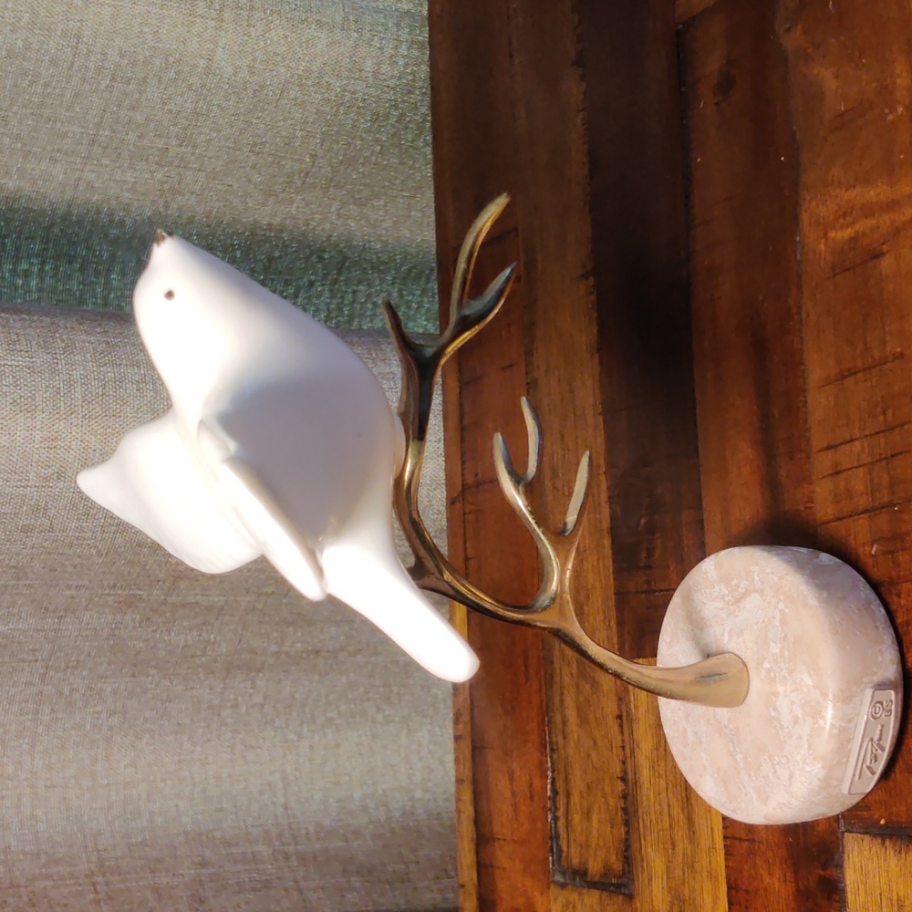 1980s Signed Bijan Ceramic Bird and Brass Tree Sculpture